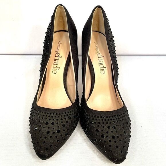BLACK BEADED ROBBIE 4” HEELS by CHARMING CHARLIE SIZE 6 - Picture 2 of 6